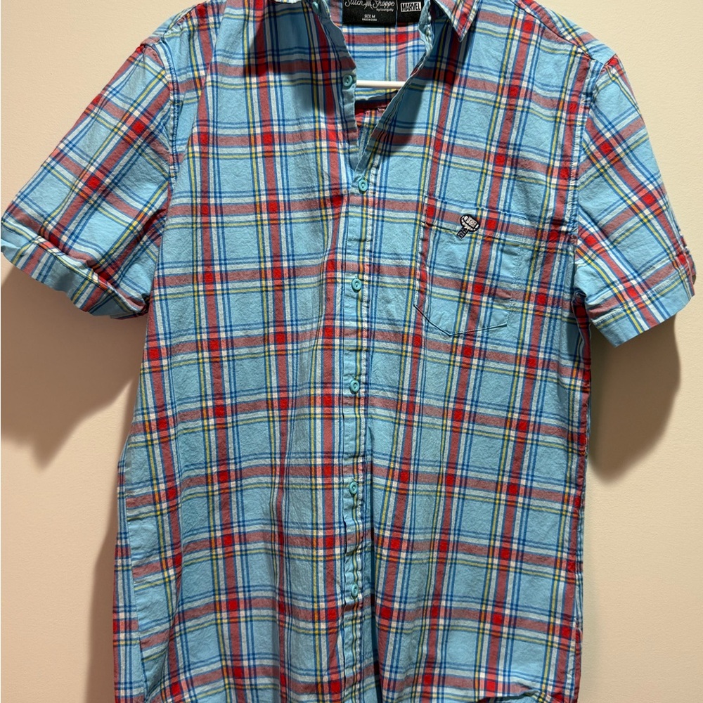 Loungefly Stitch Shoppe Disney Marvel Thor Blue and Red Plaid Button-Down Shirt